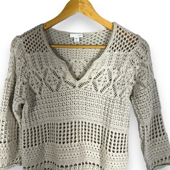 4 for $40 SALE!J Jill Crocheted Split V Neck Fisherman's Sweater, Cream, Size S - Picture 2 of 9